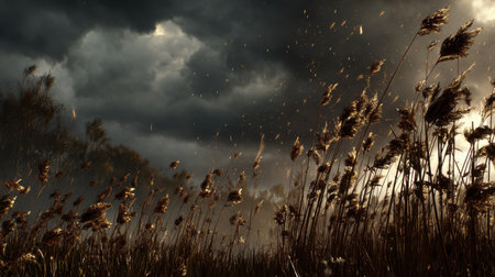 A dramatic landscape captures dark stormy skies swirling above tall reeds, with wind scattering sparkling particles in an evocative outdoor scene.の素材
