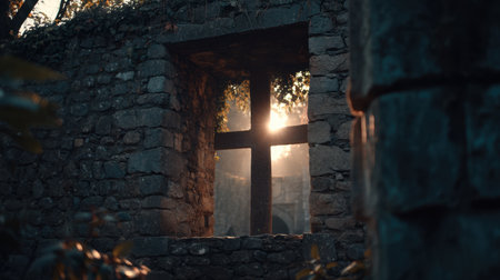 A serene image capturing sunlight streaming through a stone window showcasing a cross symbol in an abandoned historical structure, evoking tranquility.の素材