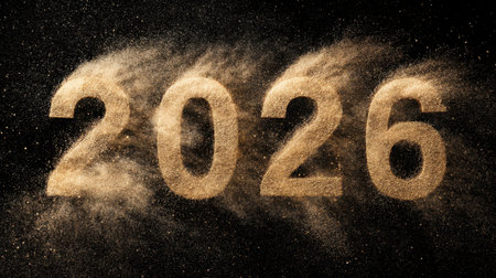 This captivating image showcases the year 2026 formed from golden sand on a dark background, symbolizing creativity and the future. Perfect for various themes.の素材