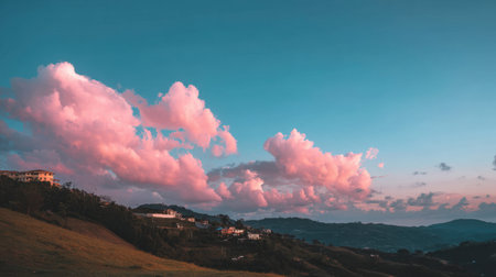 A breathtaking view of colorful pink clouds floating over serene rolling hills and homes at dusk, showcasing nature's beauty and tranquility.の素材