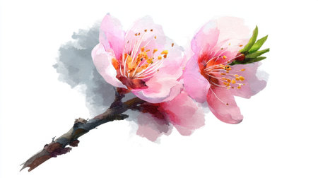 A stunning watercolor depiction of pink blossoms on a slender branch, showcasing delicate petals and vibrant green buds, perfect for spring themes.の素材