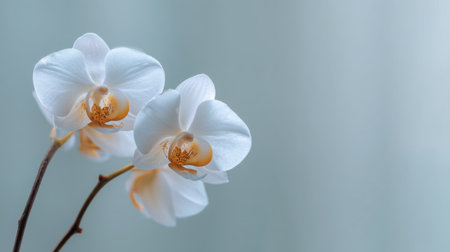 A stunning close-up view of delicate white orchid flowers showcasing their serene beauty against a soft background. Ideal for decor and floral themes.の素材