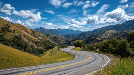 Captivating view of a winding road through rolling hills and mountains, featuring lush greenery and a dramatic sky, perfect for nature lovers.の素材