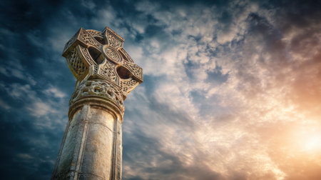 A stunning Celtic cross stands tall against a backdrop of a dramatic sunset, with intricate carvings highlighted by the evening light. Perfect for themes of heritage and spirituality.の素材