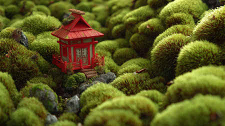 A stunning miniature red pagoda set amidst vibrant green moss creates a serene and tranquil atmosphere, inviting peaceful reflections on natureの素材