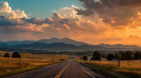 A tranquil road stretches through a serene countryside landscape at sunset, revealing distant mountains and a vibrant sky filled with clouds.の素材