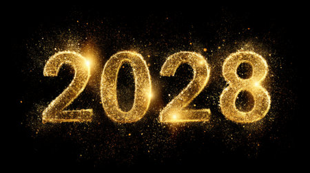 This stunning image features sparkling golden numbers representing the year 2028, set against a dark background, perfect for festive celebrations or event promotions.の素材