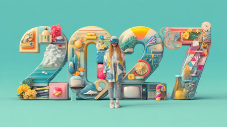 An artistic representation of the year 2027 featuring vibrant colors, playful elements, and a stylish model surrounded by a cheerful, modern design.の素材
