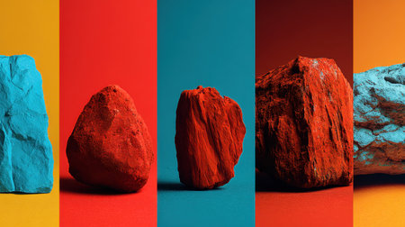 A striking arrangement of colorful rocks set against bright backgrounds showcases textures and shapes, perfect for design and artistic projects.の素材