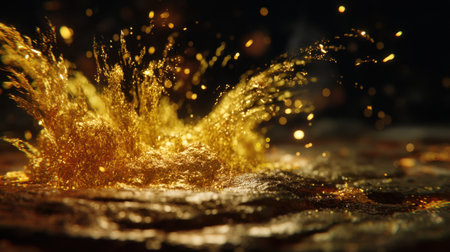 A captivating image of a golden liquid splash, showcasing a dramatic movement with sparkles and beautiful reflections against a dark backdrop.の素材