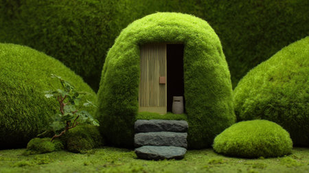 Discover the charm of a cozy green cottage nestled in lush moss, radiating tranquility and natural beauty. A perfect retreat for the imagination.の素材
