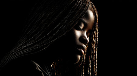 A captivating profile portrait of a young girl with beautiful braided hair, radiating serenity and beauty against a dark background, emphasizing emotion.の素材