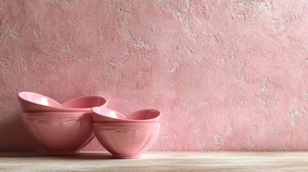 Two charming heart-shaped pink bowls rest against a textured pink background, ideal for romantic settings or playful dining experiences.の素材
