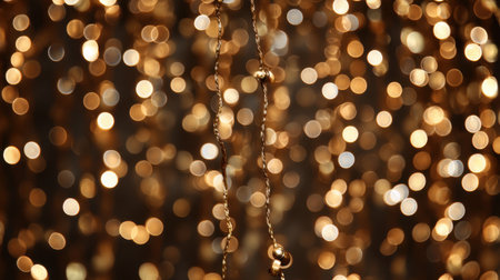 This enchanting image features a soft bokeh background filled with shimmering gold lights and delicate chains, creating a magical atmosphere perfect for celebrations and elegant decor.の素材