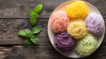 This vibrant arrangement of colorful rice noodles on a rustic plate captures the essence of culinary creativity and healthy dining. Ideal for food photography.の素材