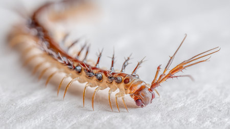 A striking close-up of a colorful centipede highlights its unique body structure, legs, and sensory appendages, showcasing the beauty of nature.の素材