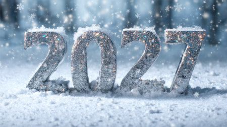 Celebrate the arrival of 2027 with this enchanting winter scene featuring glittering numbers, sparkling snow, and a magical backdrop.の素材