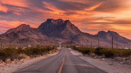 A picturesque road stretches toward majestic mountains under a stunning sunset, showcasing vibrant colors and dramatic cloud patterns. Perfect for travel themes.の素材