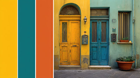 Discover a charming urban scene showcasing vibrant doorways in an array of blue, yellow, and green shades, perfect for architectural inspiration.の素材