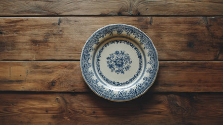 A vintage porcelain plate featuring a delicate floral design, resting on a rustic wooden surface, perfect for enhancing dining aesthetics.の素材