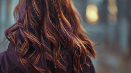 The image showcases stunning curly hair with warm tones illuminated by sunset light. A peaceful outdoor setting enhances the beauty of nature and femininity.の素材