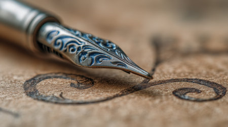 This close-up image showcases a beautifully designed fountain pen nib resting on vintage paper, featuring an elegant swirl design. Ideal for themes of writing, artistry, and craftsmanship.の素材