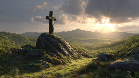 A striking image of an ancient cross standing tall on a rocky hill, surrounded by vibrant greenery and illuminated by soft sunset light.の素材