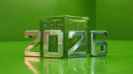 Metallic numbers representing the year 2026 stand out against a bright green background, creating a bold and futuristic visual experience.の素材