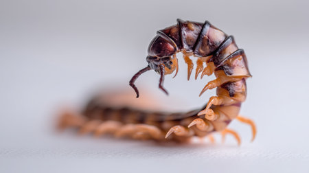 A captivating close-up view of a centipede reveals intricate details of its body and legs, showcasing nature's unique design in the macro realm.の素材