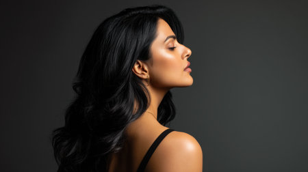 This portrait features an elegant woman with long black hair displayed in profile, set against a dark backdrop, showcasing beauty and confidence.の素材