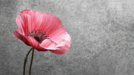 A beautiful close-up of a single pink flower showcasing its delicate petals and intricate texture against a soft gray background.の素材