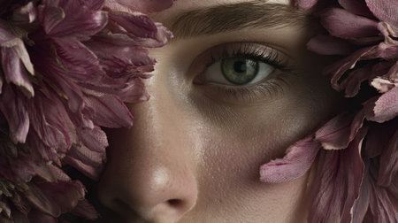 This close-up portrait captures a young woman framed by soft pink flowers, highlighting her intense green eyes and natural beauty, evoking a sense of calmness and serenity.の素材