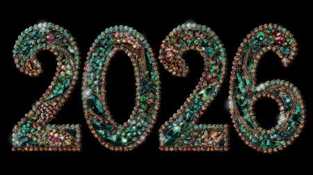 Bright and colorful gemstone numbers 2026 embellished with sparkling jewels on a sleek black background, ideal for festive celebrations and artistic designs.の素材