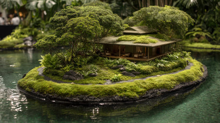 A stunning miniature island home sits amid vibrant greenery, showcasing the beauty of nature and architecture harmonized in tranquility.の素材