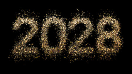 This stunning image features the year 2028 made from shimmering gold dust, set against a sleek black background. Perfect for celebrations!の素材