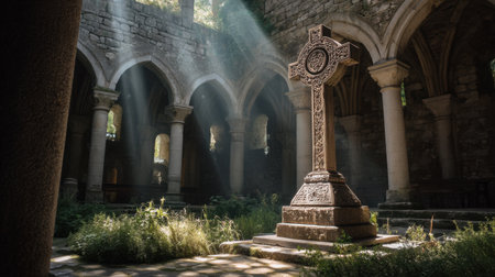 A stunning Celtic cross stands in an ancient abbey, illuminated by soft sunlight that filters through arched windows, surrounded by lush greenery.の素材