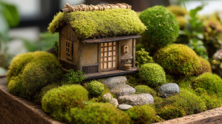 This captivating image showcases a miniature house nestled in soft green moss, surrounded by decorative stones, creating a serene garden setting that invites tranquility.の素材