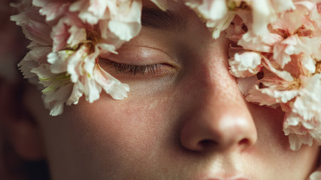 A close-up portrait of a woman with delicate pink flowers gently covering her eyes, exuding a sense of calm and serenity in soft, natural light.の素材