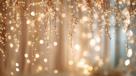 This enchanting image features soft glowing lights intertwined with delicate branches, creating a magical atmosphere perfect for events or celebrations. A blend of warm tones and bokeh adds to the dreamy ambiance.の素材