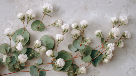 This image showcases a stunning arrangement of delicate white flowers and lush green leaves on a textured surface, perfect for nature-themed projects.の素材