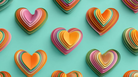 This image showcases vibrant, layered hearts in various warm colors, set against a soft teal background, perfect for celebrations and creative projects.の素材