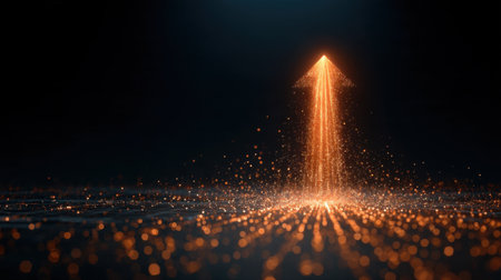 An eye-catching visualization of orange particles forming an arrow shape, symbolizing growth and inspiration within a dark, high-tech environment.の素材