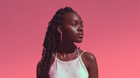 A captivating portrait featuring a young woman with braids, radiating confidence against a soft pink background, showcasing beauty and elegance.の素材
