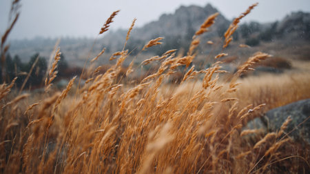 Capture the essence of nature with this serene landscape featuring tall golden grasses swaying gently. Rocky outcrops and a soft grey sky create a tranquil outdoor scene.の素材