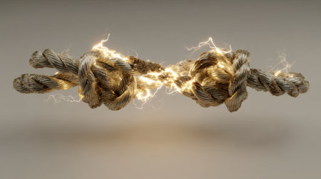 This image portrays a striking rope knot radiating energy, with sparks and light creating a dynamic visual impact, emphasizing strength and connection.の素材