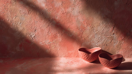 A serene and elegant scene featuring two curved ceramic bowls against a textured peach wall, enhanced by soft shadows, perfect for interior design inspiration.の素材