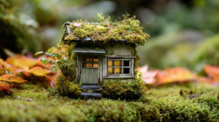 Explore the enchanting beauty of a tiny fairy house nestled in vibrant autumn leaves and lush greenery, creating a serene woodland scene.の素材