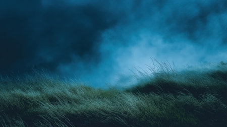 A stunning night landscape featuring gentle grass swaying under a deep blue sky filled with dramatic clouds. Perfect for evoking tranquility.の素材