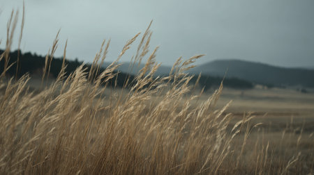 A beautiful scene depicting golden grass swaying gently in the wind beneath gray clouds. This serene nature landscape evokes tranquility and calm.の素材