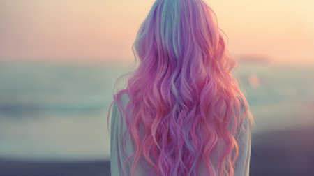 A serene moment captured as a woman stands by the sea during sunset, showcasing beautiful pastel hair in soft waves against a colorful sky.の素材